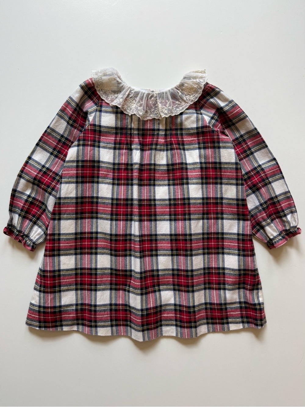 Girls' Red Plaid Lace-Collar Dress Top